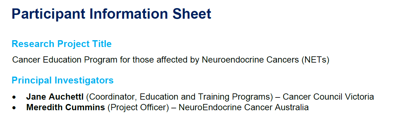 Cancer Education Program for those affected by Neuroendocrine Cancers (NETs) 1 Cancer Council Participant